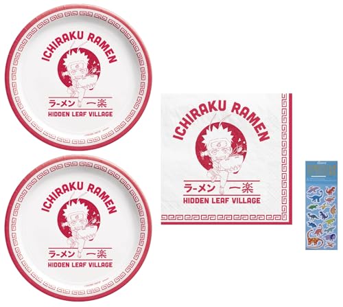 Naruto Ichiraku Ramen Birthday Party Supplies Bundle includes 16 Dessert Cake Paper Plates 7", 16 Paper Napkins 5", 1 Dinosaur Sticker Sheet