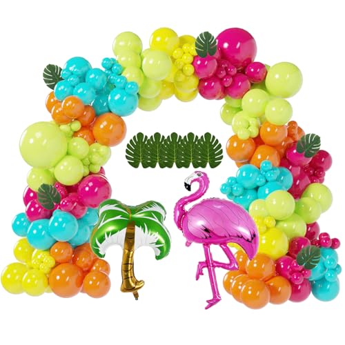 BlissBash 146Pcs Tropical Aloha Balloon Arch Garland Kit with Flamingo Palm Tree Bright Color Balloons for Hawaiian Luau Summer Party Baby Shower Birthday Decorations