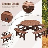 Minheola 8 Person Outdoor Picnic Table, Round Picnic Table with 4 Built-in Benches, Umbrella Hole, Outside Wood Picnic Table and Bench Set for Patio, Backyard, Garden, Porch, 2220lb Capacity - Brown