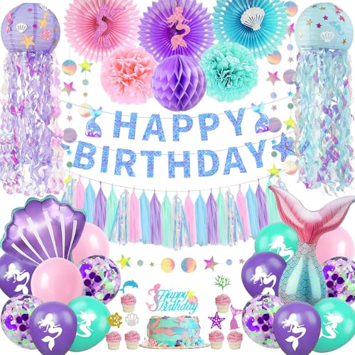 Mermaid Birthday Party Decorations - Theme Supplies Include Banner, Balloons, Paper Fans, Curtains, Sash, Headband for Cake and Party Decor