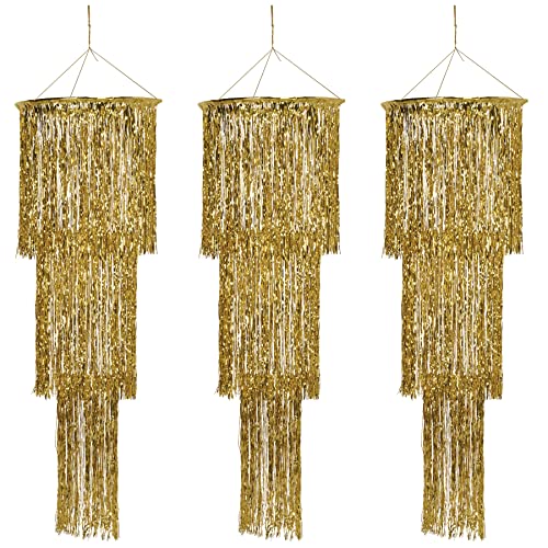 Beistle 3 Piece Three Tier Metallic Gold Plastic Shimmering Hanging Chandeliers For New Year's Eve Party Decorations Or 20's Theme Décor, 4'