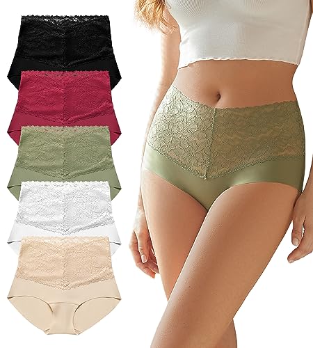 SHARICCA High Waist Lace Underwear for Women Seamless Sexy Panties Ladies Stretch Full Coverage Briefs Pack, 5P01,M
