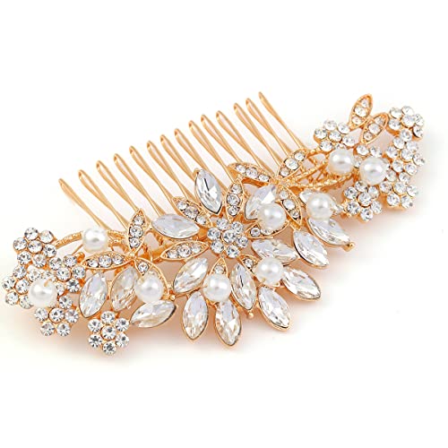 Hapibuy Crystal Wedding Hair Comb Bridal Hair Comb with Pearl Wedding Headpiece for party wear Golden Hair Accessory