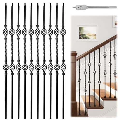 Muzata 10pack 44'' Wrought Iron Balusters for Staircase Interior Exterior Deck Black Double Basket Twist Hollow Metal Spiral Balusters Spindles Decorative Stair Parts, WT05