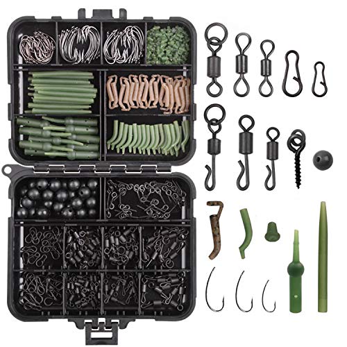Carp Fishing Tackle Box Kit - 320pcs Fishing Kit Including Swivels, Hooks, Anti-Tangle Sleeves, Beads, Hook Stops, Boilie Bait, Screw Leader Rigging, Terminal Tackle