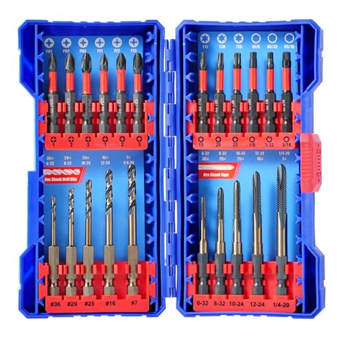 22-Piece Hex Shank Drill and Tap Set for Metal, Impact Drill Bit Set, Upgrade Combination of Drill and Tap Set 6-32 UNC to 1/4-20 UNC, MRO & Industrial Grade, DIY Hex Screwdriver, Quick Change
