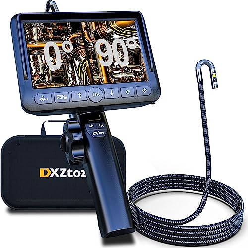 DXZtoz Dual-Lens Articulating Borescope, Engine Endoscope with 0.33in Two-Way Articulated Snake Camera, 5'' Dual Screen, 1080P Inspection Camera with Light for Automotive Home Mechanics-5FT