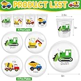 Yiyiring 4 Sets Construction Truck Fun Kids Plates with Cups Plates Dinnerware Set for Toddlers Creatively Drop Resistant Cute Plastic Dishes Dishwasher Safe