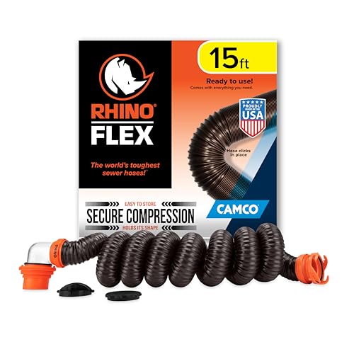 Camco RhinoFLEX 15-Ft Camper/RV Sewer Hose Kit - Features Clear Elbow Fitting w/Removable 4-in-1 Adapter - Connects to 3” Slip or 3”/3.5”/4” NPT Threaded Sewer Connection (39770)