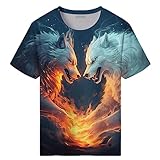 Girren Men's Fire Wolf Pack Pattern T-Shirt 3D Printed T-Shirt Novelty Pattern T-Shirt Fashion Top,Black2,XL