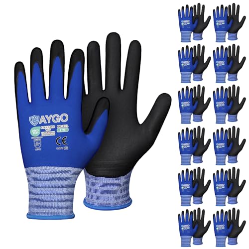 KAYGO Safety Work Gloves MicroFoam Nitrile Coated, 12 Pairs, KG18NB,Seamless Knit Nylon Glove with Black Micro-Foam Nitrile Grip,Ideal for General Purpose,Automotive,Home Improvement,Blue,M