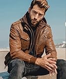 FLAVOR Men's Leather Motorcycle Jacket with Removable Hood Brown Pigskin. (XXX-Large, Brown)