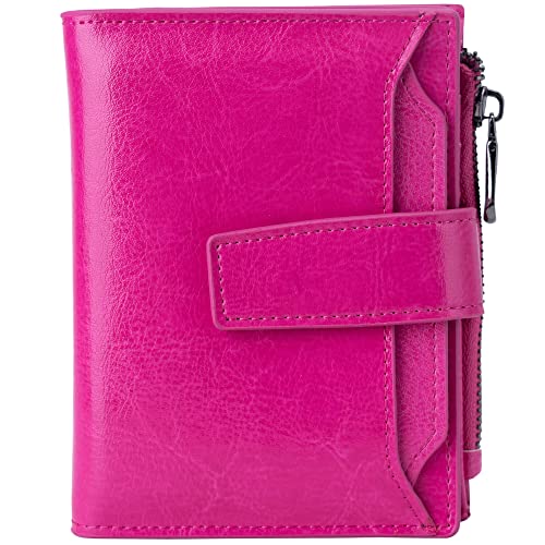 Bveyzi Women's Small Leather RFID Blocking Bifold Zipper Pocket Wallet Ladies Credit Card Slots Purse with id Window(Hot Pink)
