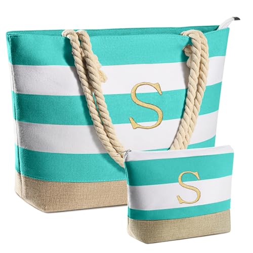 YOOLIFE Initial Beach Bag Gifts for Women - Monogram Canvas Tote Bag Cosmetic Bag for Mom Swim Pool Bag Personalized Birthday Gifts for Women Wife Girlfriend Teacher Friend Female Christmas Gifts S