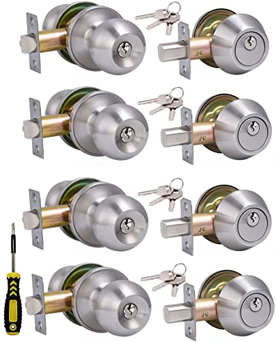 (4 Sets) All Keyed Same Entry Door Knob and Single Cylinder Deadbolt Combo Set, Satin Nickel Exterior Door Knobs with Lock and Keys for Entrance and Front Door