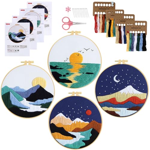 UXORSN 4 Sets Landscape Embroidery Kits for Adult Beginners Stamped Cross Stitch Kits with Mountain Sun Moon Pattern Starter Small Needlepoint Kits Embroidery Hoop Needles Threads Instruction