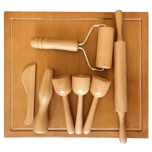 KODMIS Playdough Tools Sets with 7 Wooden Play Dough Toys,Sensory Toys for Kids,Play Dough accessoris for Toddler Ages Craft Board,Stamps,Squeezer,Rolling pin,Montessori Kits for Preschool