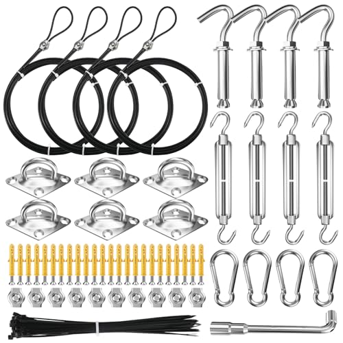 NEREUS Sun Shade Sail Hardware Kit with 12FT Vinyl Coated 304 Stainless Steel Wire Rope for Triangle Rectangle Sun Shade Sail Installation, Shade Sail Installation Kit for Outdoor Patio Garden