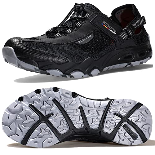 HUMTTO Men's Amphibious Water Shoes - Outdoor Hiking Sandals for Men Summer Non-Slip Quick Drying Water Sandals River Shoes 10.5 Black/Grey