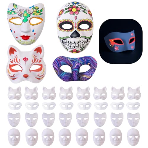YVDNHP 32 Pack White Paper Mache Mask Blank Craft Masks to Decorate Full Face DIY Masquerade Masks Cat Mask for Craft Mardi Gras Halloween Art Cosplay Party