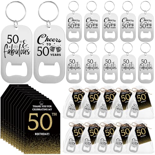 Tioncy 50 Sets 50th Birthday Party Favors for Guests Beer Bottle Opener Keychains Thank You Cards Organza Bags Rope Bulk Birthday Souvenirs Gift for Adult Birthday Anniversary Weeding Party Favors