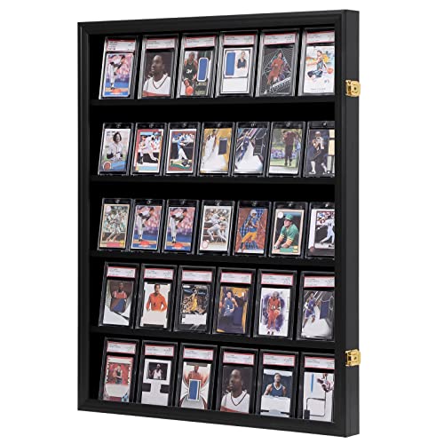 VERANI Baseball Card Display Case - 35 Graded Sports Card Display Frame - Holds Sport Cards with UV Protection Clear View Lockable Wall Cabinet for Football Basketball Hockey Trading Card, Large Black