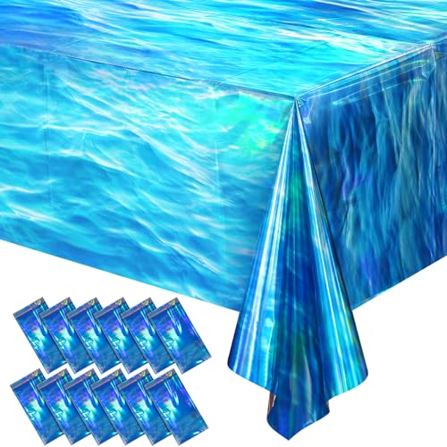 12 Pcs Iridescent Ocean Waves Tablecloths Disposable Plastic Ocean Blue Table Cloth Rectangle Table Covers for Under the Sea Beach Surf Ocean Pool Party Birthday Party Decorations, 54 x 108 Inch