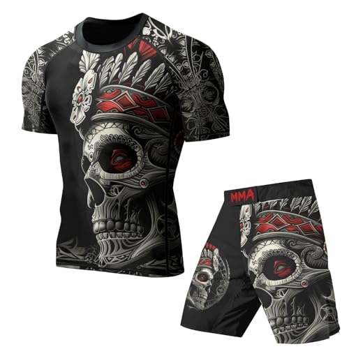 HYPEWAVE Aztec Skull Men's Workout Compression Set 2pcs Top Short Sleeve Shirt and Pants Quick Dry Moisture-Wicking Sportswear