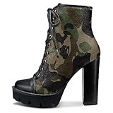 Castamere Womens High Chunky Block Heel Platform Ankle Boots Short Bootie Zipper Lace-up Round Toe Dress Denim 4.7 Inches Heels Green Camo 12 M US