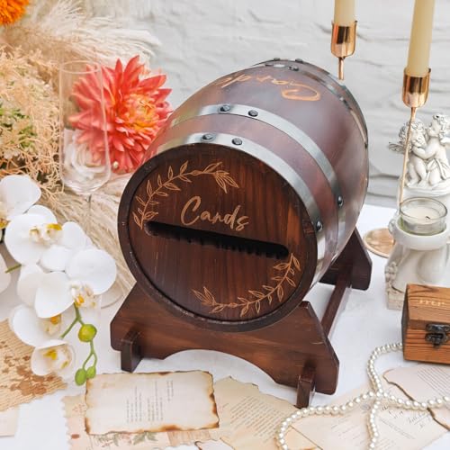 OurWarm Wooden Wedding Card Box for Party with Base, Brown Whiskey Barrel Gift Cards Holder with Slot, Rustic Envelope Money Card Box for Wedding Graduation Bridal Shower Party Decoration