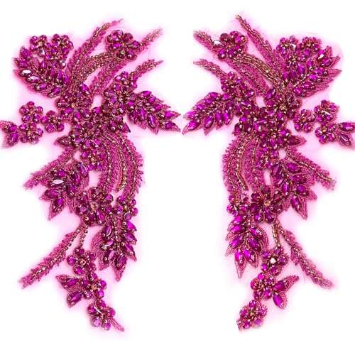 Hand-Made Beaded Rhinestons DIY Clothing Appliques Patch,Beaded Applique for Jeans Jacket Shoes Bags Bells and Other DIY Projects Decoration Hot Pink Beading Flower Applique by Pair (Hot Pink-B)