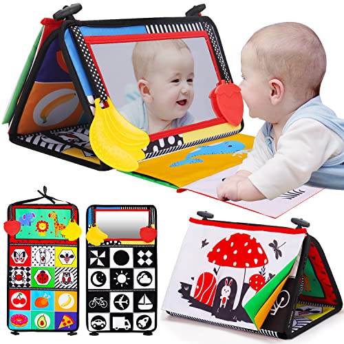 Tummy Time Baby Mirror Infant Toys Newborn 0 3 Months Brain Development with Crinkle Cloth Book Teether Black and White High Contrast Baby Toys 2 4 5 0-6 Month Boys Girls Sensory Activity Shower Gift