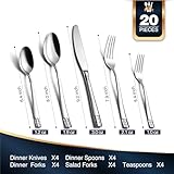 KINGSTONE Flatware Set, 20-Piece Luxury Silverware Set for 4, 18/10 Stainless Steel Cutlery Utensils Sets with European Design, Pure Hand Mirror Polished, Perfect for Family & Parties, Dishwasher Safe