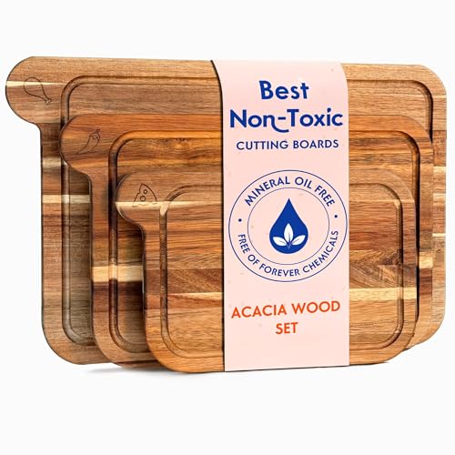 Non Toxic Cutting Boards - Cutting Board Set Free of Mineral Oil, Made of FSC Acacia Wood - Cutting Boards for Kitchen - Includes 3 Chopping Boards. By Ziruma