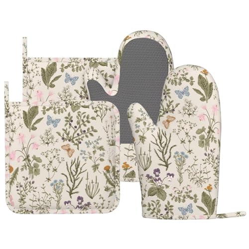 MIFSOIAVV Vintage Wildflower Herbs Floral Rustic Butterfly Oven Mitts and Pot Holders Sets Silicone Kitchen Mitts Potholders Heat Resistant 4Pcs Oven Gloves Hot Pads for Kitchen Baking Cooking