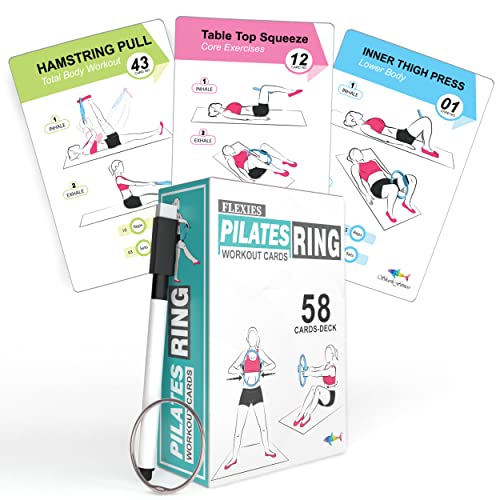 Flexies Pilates Ring Workout Cards -58 Exercise ring Card with Pilates circle Work Out Posture, Instruction & Breathing Tips | Free Dry-Erase Marker & Binding ring|Pilates Equipment Thigh Master guide