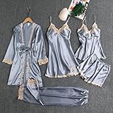 Womens 5pcs Pajamas Sets Silk Satin Sleepwear Sexy Lace Trim With Robe Pj Pants Set Loungewear Long Pant & (Grey, XXL)