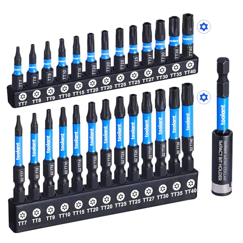 toolant Impact Torx Bit Set 27pcs (TT7-TT40), S2 Steel Security Torx Bit Set, Tamper Proof Star Bit Set with CNC Machined Tips, 1"&2" Long Impact Bits with Magnetic Bit Holder and Storage Box