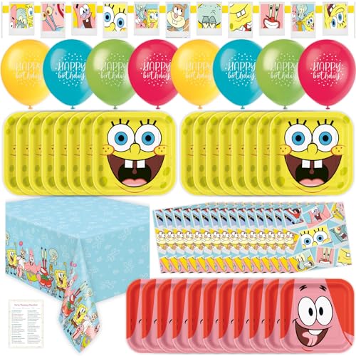 Spongebob Birthday Decorations - Plates and Napkins, Tablecloth, Banner, Balloons, Checklist - Spongebob Party Decorations and Supplies - Serves 16