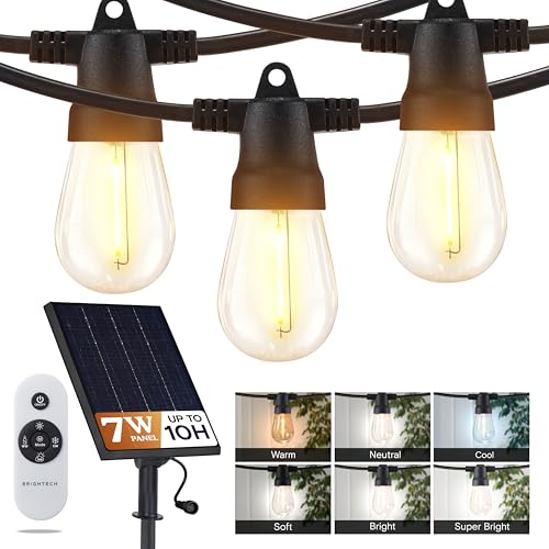 Brightech 104 (93+11) FT Ambience Pro Solar Powered Outdoor LED String Lights - Waterproof Remote Control Lights - 48 Bulbs, 7W Solar Powered Color Changing White Light for Camping, Patio, Garden