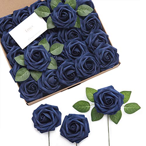 Ling's Moment Artificial Flowers 25Pcs Deep Navy Blue Roses Decor w/Stems,3" Real Touch DIY Foam Floral for Wedding Bouquet/Centerpieces, Outdoors Party Backdrop, Room/Table, and Garden/Pot Decor