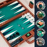 Pointworks 19 Inch Premium Backgammon Sets for Adults Leather Brown - Green. Premium 1.6 Inch Checkers & Dice Set, Travel Backgammon Set, Large, Backgammon Board Game, Backgammon Game Set