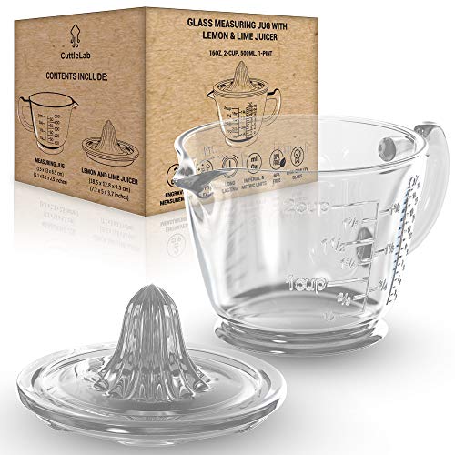 CuttleLab Glass 2-Cup Juicer (Clear) - Lemon and Lime Manual Squeezer, Citrus Reamer