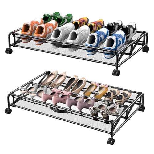 KOSIWU Under Bed Shoes Storage, 2 Pack Rolling Under-bed Storage Containers with Wheels, Under Bed Shoe Organizer Breathable Mesh Fabric with Metal Frame