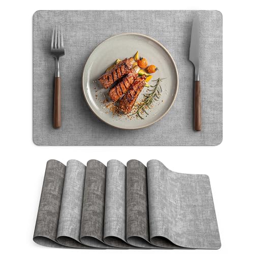 Faux Leather Vinyl Placemats Set of 6 Wipeable Heat Resistant Place Mats 100% Washable - Waterproof - Anti Slip Reversible Table Mats for Kitchen/Dining/Party, 12" x 16.5", Smokey Grey & Dark Grey