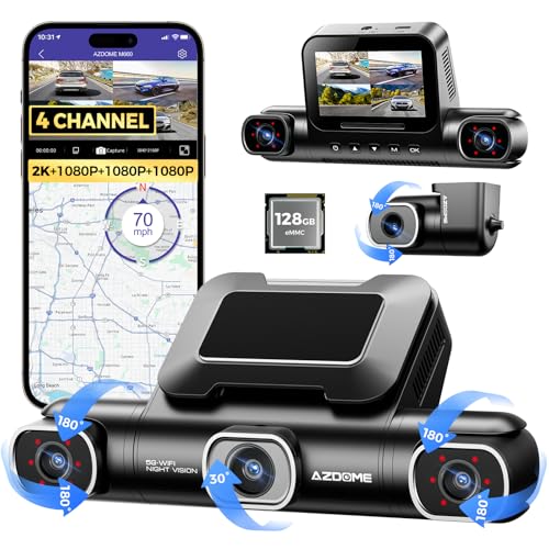 AZDOME 360° 4 Channel Dash Cam, Built-in 128GB eMMC, 2K+1080P*3 Dashcam Front and Rear Inside Left Right, Voice Control, 5G WiFi Dash Camera for Cars with 4 Adjustable Lenses, IR Night Vision, M660