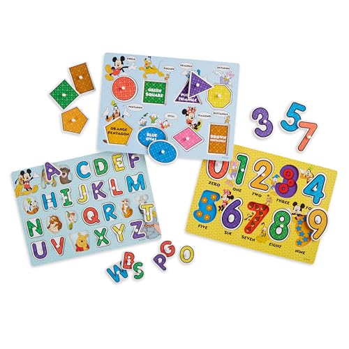 Melissa & Doug Disney Wooden Peg Puzzles Set: Letters, Numbers, and Shapes and Colors Letters And Number Puzzles, Disney, For Toddlers And Kids Ages 3+