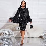 Cololura Sexy Elegant Sequin Long Flared Sleeve Feather Pearls Embellished Bodycon Midi Dress Formal Party Evening Gown Black