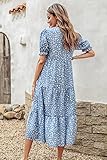 PRETTYGARDEN Women's Summer Casual Boho Dress Floral Print Ruffle Puff Short Sleeve Flowy Midi Beach Party Dresses (Blue,X-Large)