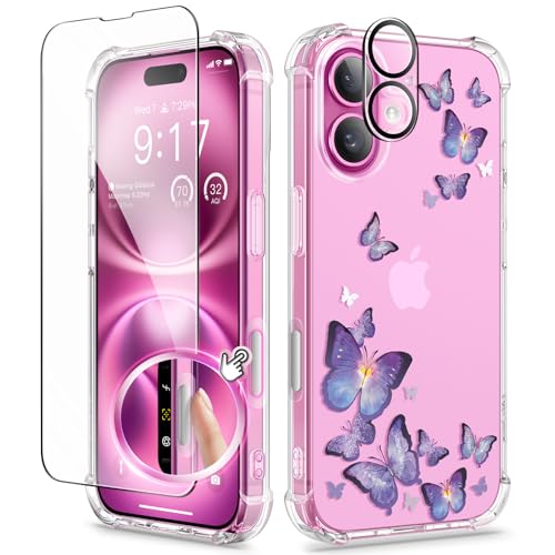 GVIEWIN for iPhone 16 Case, with Screen Protector & Camera Lens Protector, Floral Shockproof Protective Bumper Slim Soft Clear Phone Cover for Women 2024 6.1" (Alluring Butterfly/Purple)